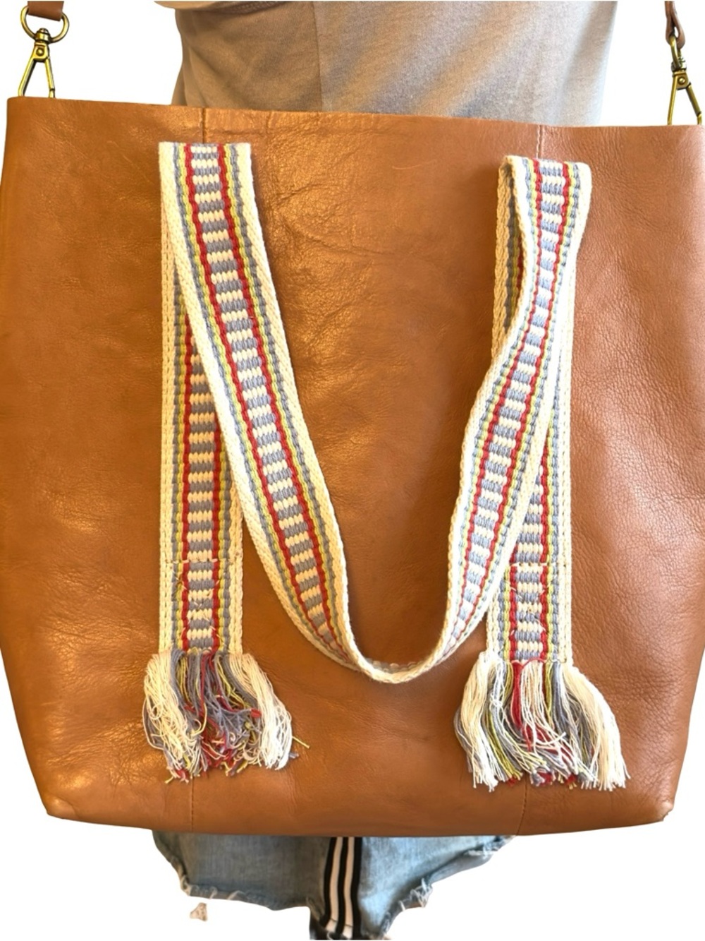 Madewell Transport Tote Tan Leather With Woven Handles Boho Detachable Strap - Picture 2 of 10